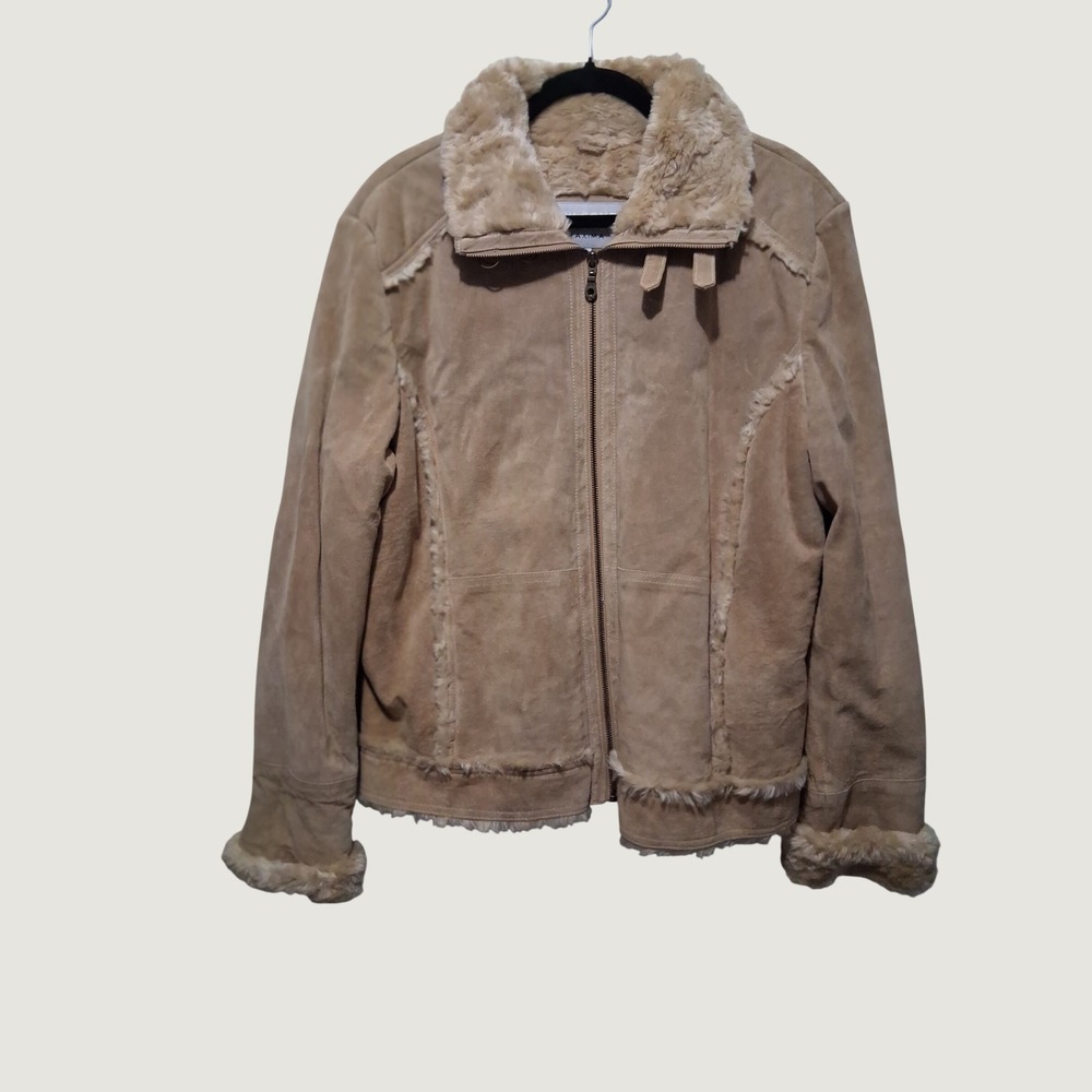 Wilson Leather Maxima VTG Tan Suede Faux Fur Lined Jacket XL Moto Aviator Buckle
